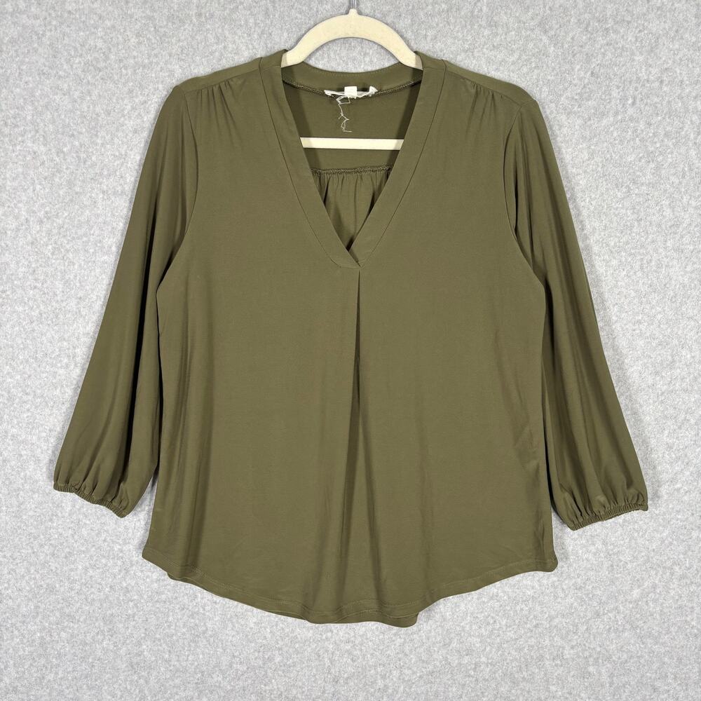 Vince‎ Camuto Blouse Small Knit Stretch Popover Flowy Slinky Army Olive Career
